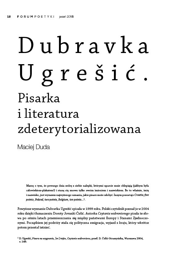 Dubravka Ugrešić. Pisarka i literatura zdeterytorializowana