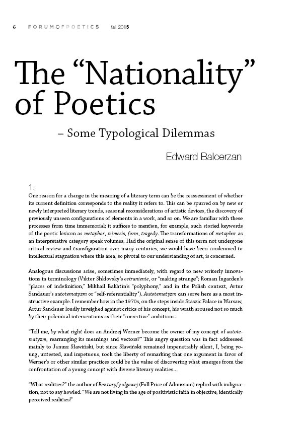 The “Nationality” of Poetics - Some Typological Dilemmas