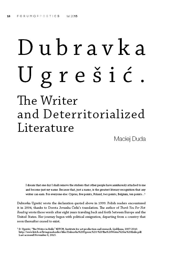 Dubravka Ugrešić. The Writer and Deterritorialized Literature