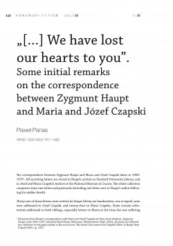 „[…] We have lost our hearts to you”. Some initial remarks on the correspondence between Zygmunt Haupt and Maria and Józef Czapski