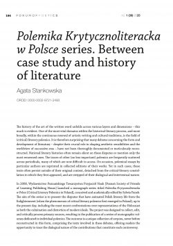 Polemika Krytycznoliteracka w Polsce series. Between case study and history of literature